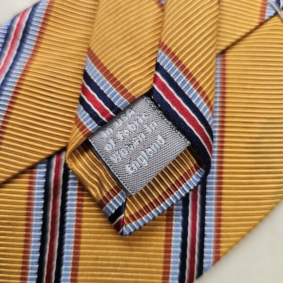 Hickey Freeman Made in USA Yellow Red Blue Repp Stripe Silk And Cotton Tie Woven - Picture 4 of 9